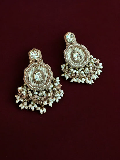 Dusty Rose Dangling Kundan Earrings with Intricate  Beadwork & Pearl Detailing