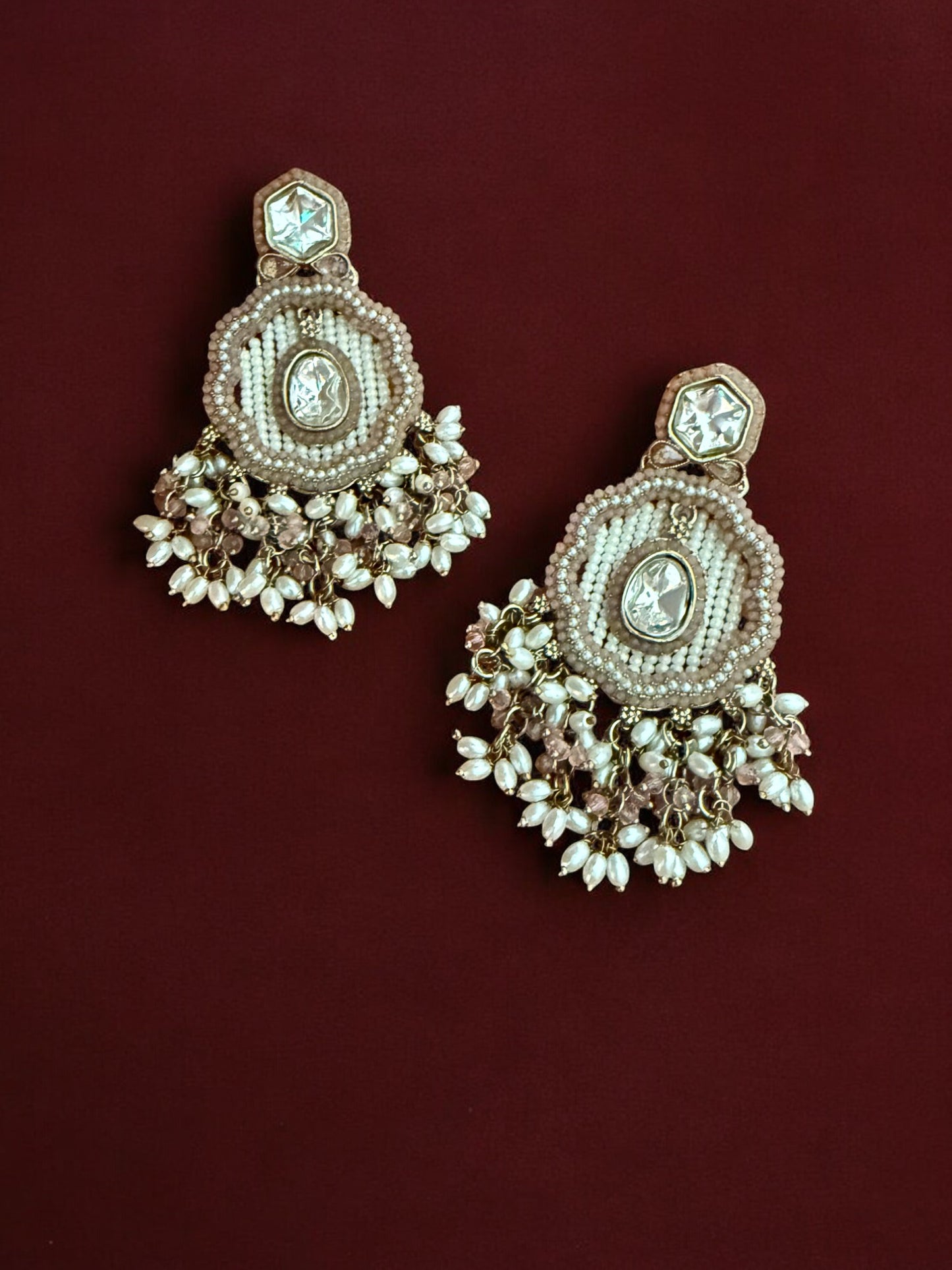 Dusty Rose Dangling Kundan Earrings with Intricate  Beadwork & Pearl Detailing