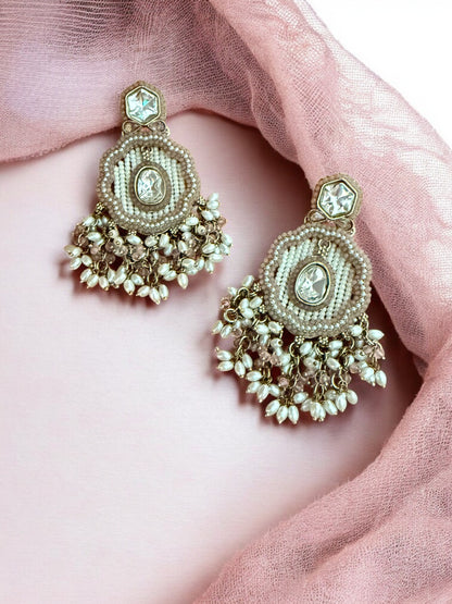 Dusty Rose Dangling Kundan Earrings with Intricate  Beadwork & Pearl Detailing