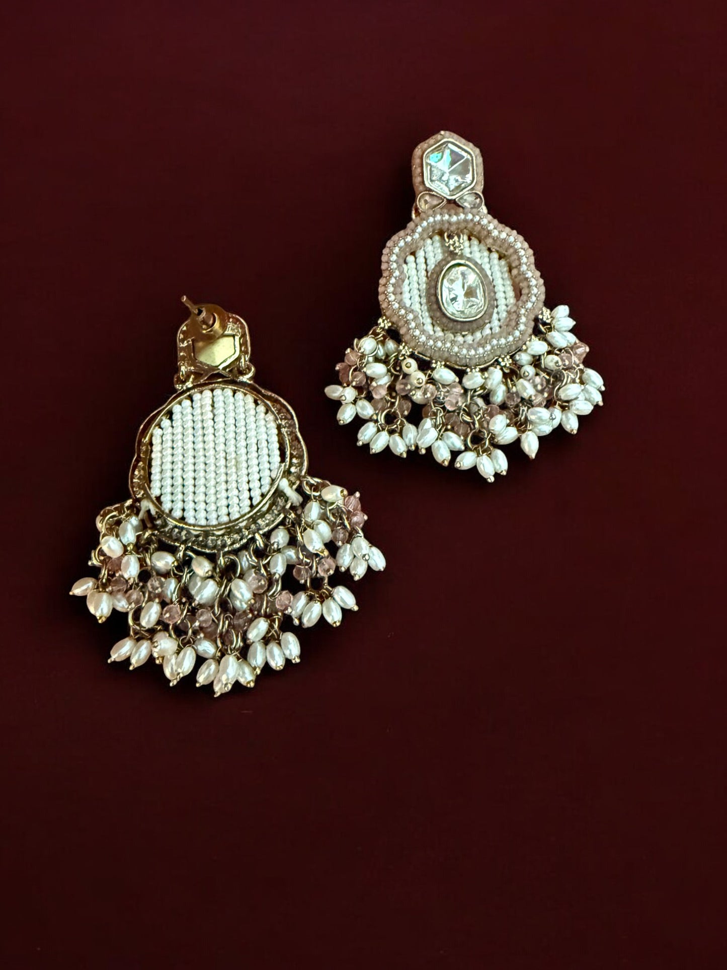 Dusty Rose Dangling Kundan Earrings with Intricate  Beadwork & Pearl Detailing
