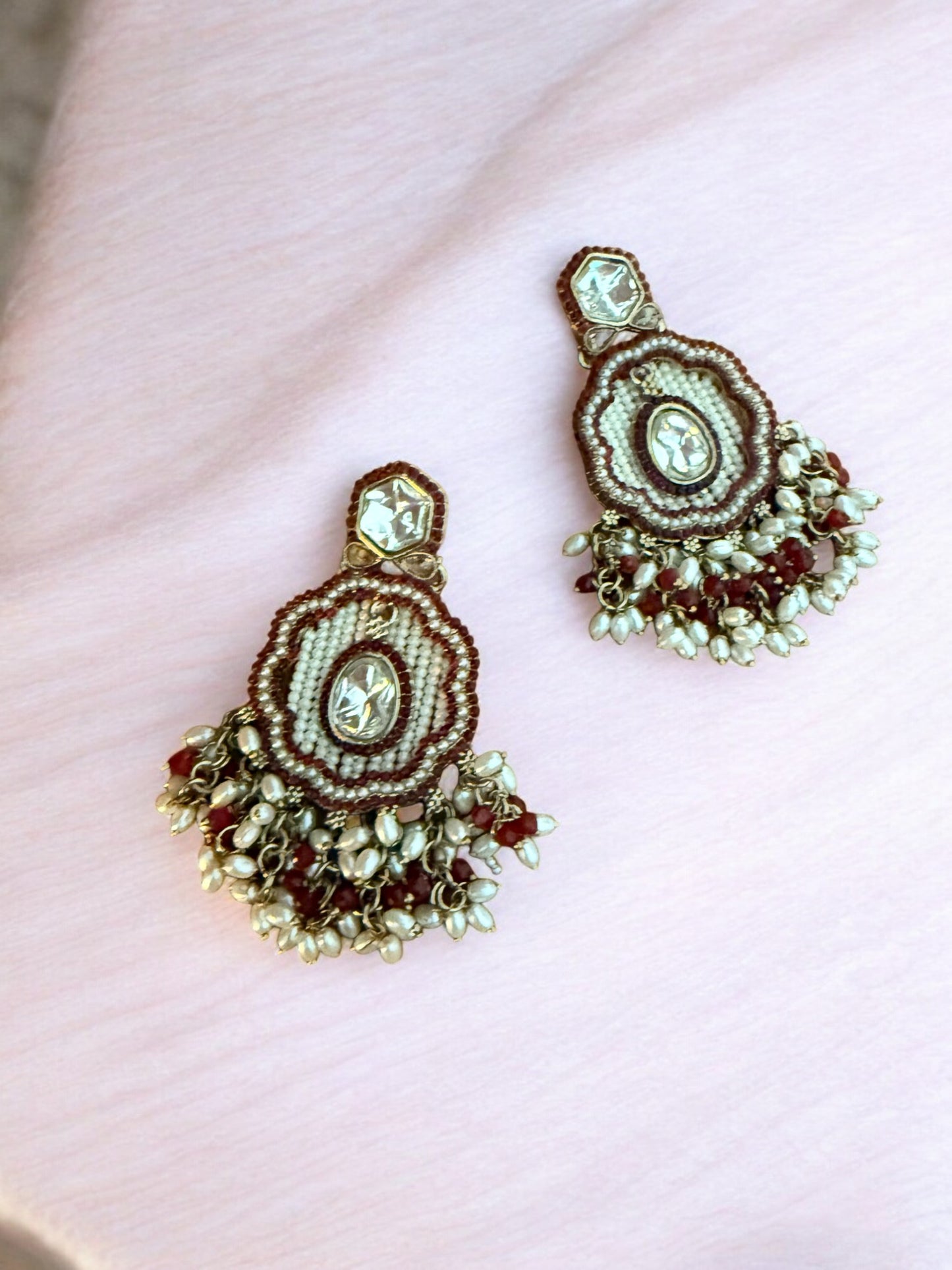 Maroon Dangling Kundan Earrings with Intricate  Beadwork & Pearl Detailing