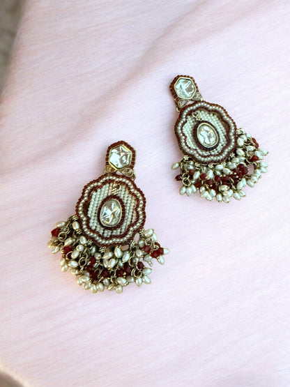 Maroon Dangling Kundan Earrings with Intricate  Beadwork & Pearl Detailing