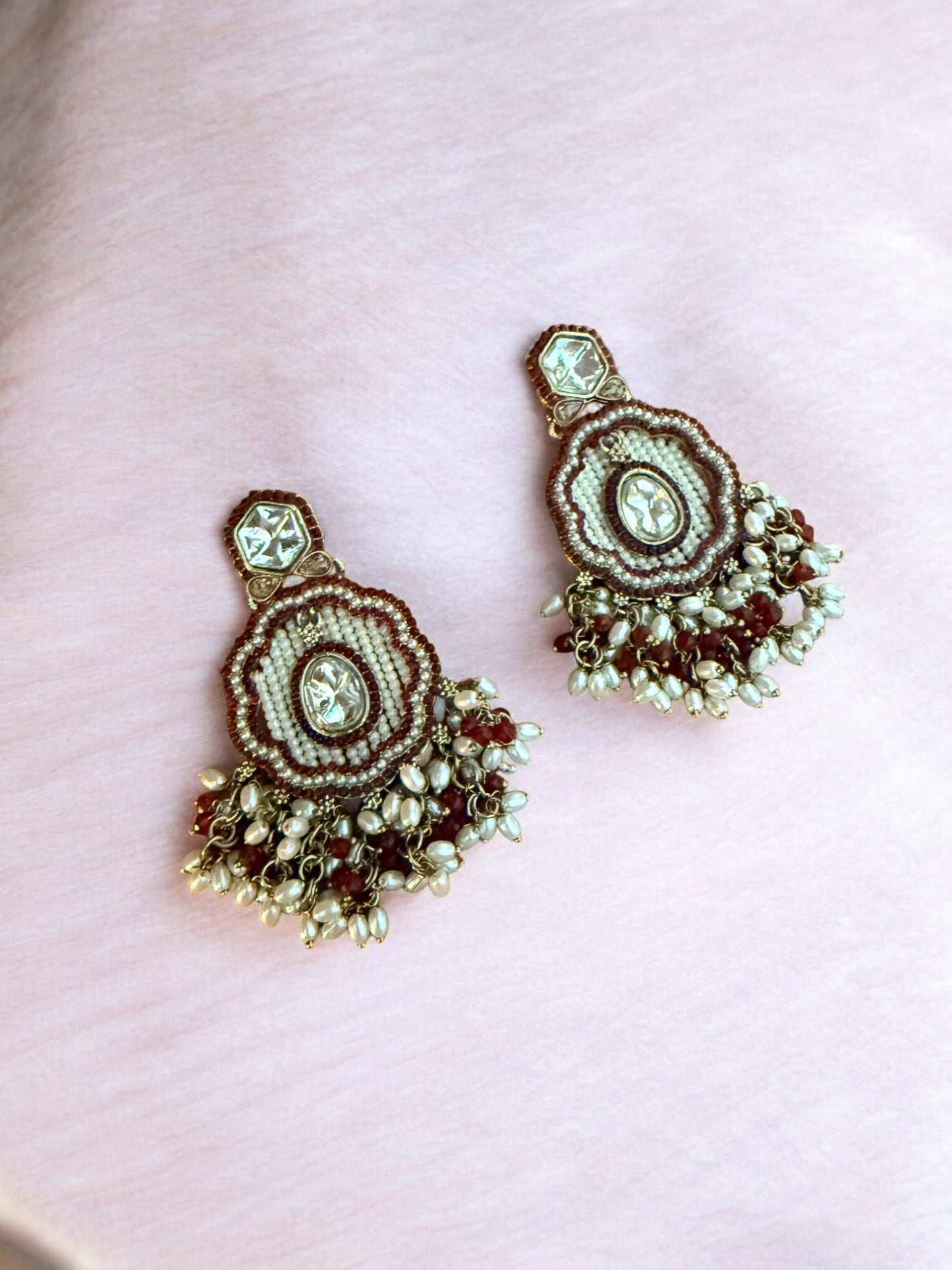 Maroon Dangling Kundan Earrings with Intricate  Beadwork & Pearl Detailing