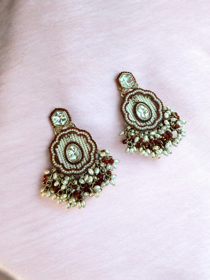 Maroon Dangling Kundan Earrings with Intricate  Beadwork & Pearl Detailing