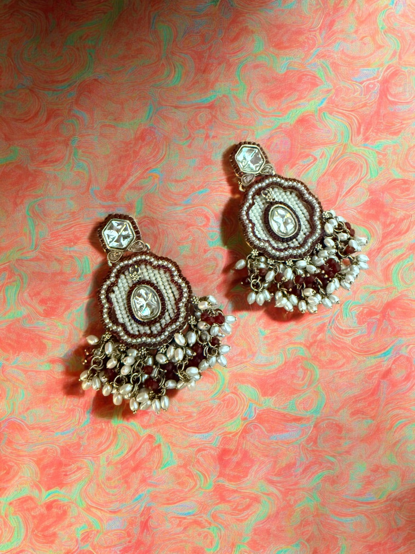 Maroon Dangling Kundan Earrings with Intricate  Beadwork & Pearl Detailing