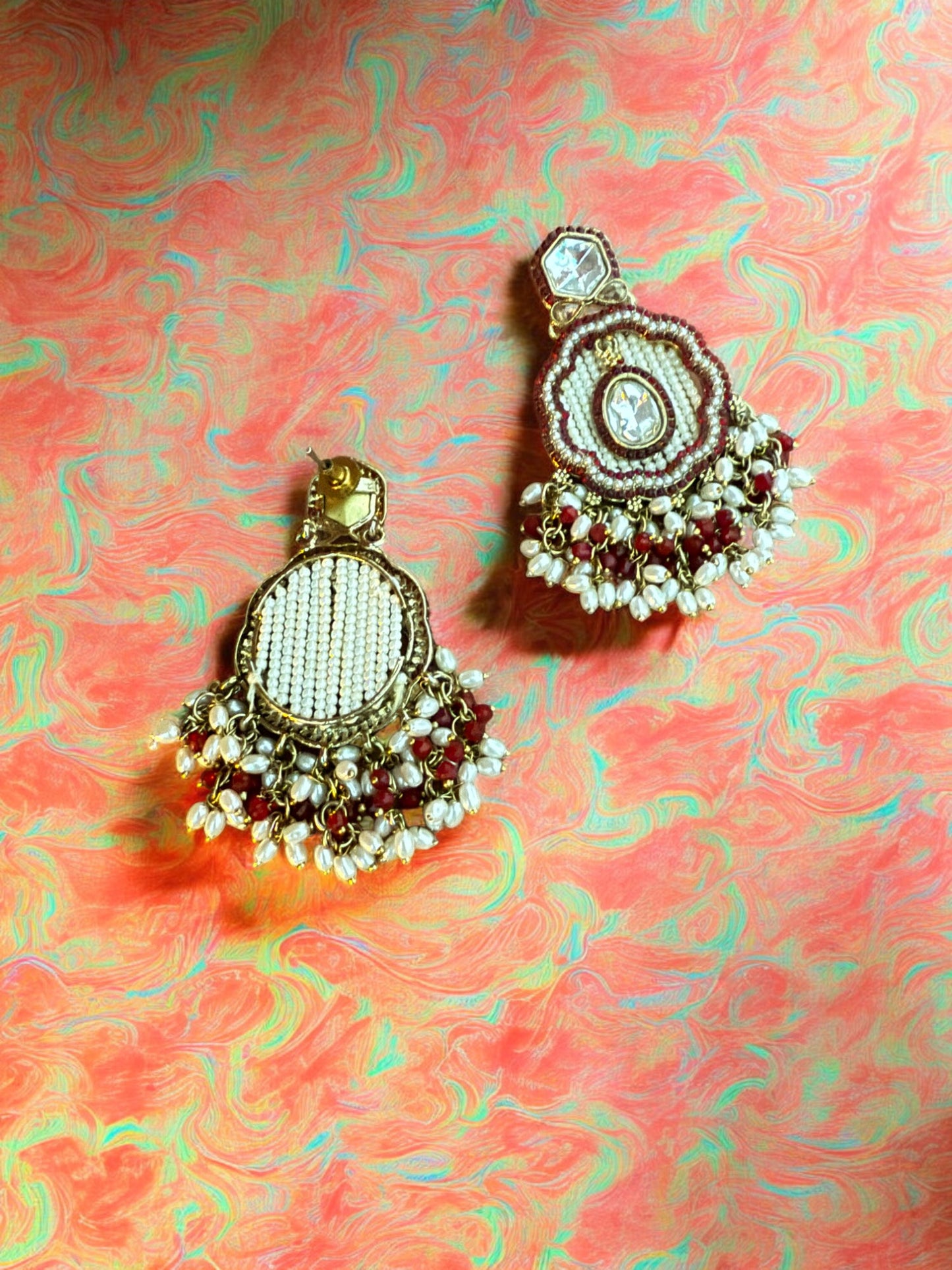 Maroon Dangling Kundan Earrings with Intricate  Beadwork & Pearl Detailing