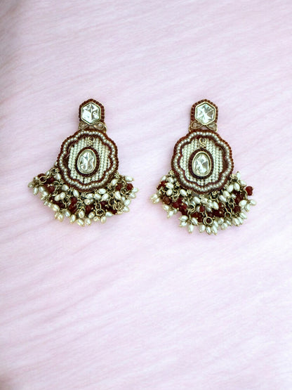Maroon Dangling Kundan Earrings with Intricate  Beadwork & Pearl Detailing