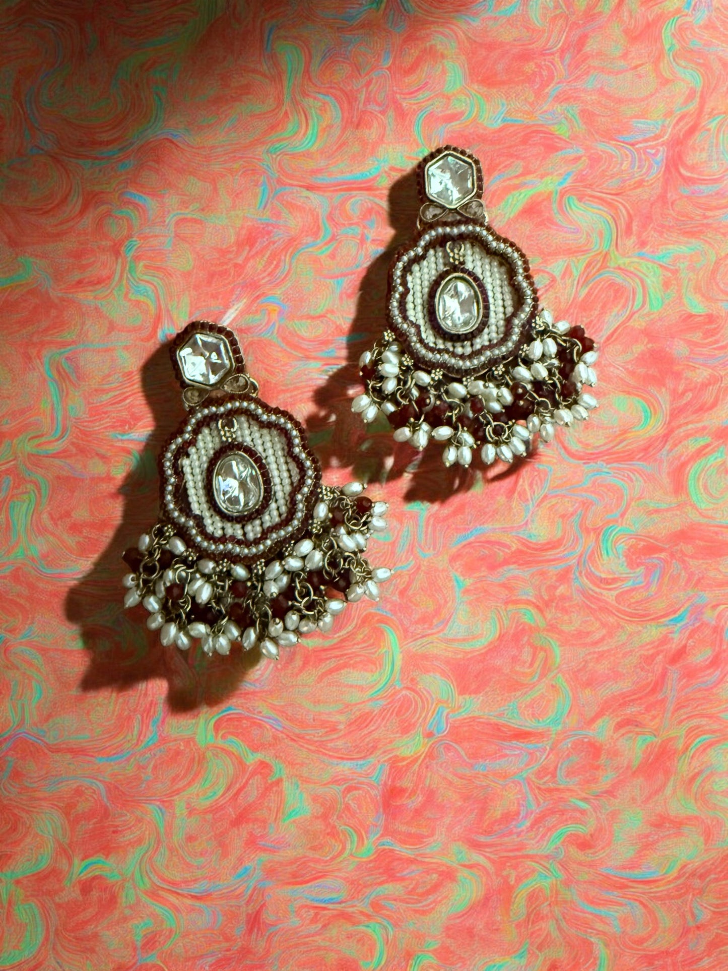 Maroon Dangling Kundan Earrings with Intricate  Beadwork & Pearl Detailing