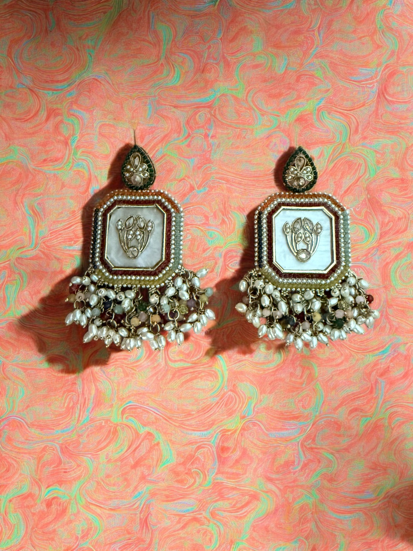 Multicolor Royal Kundan Pearl Dangler Earrings with Mother of Pearl Inlay