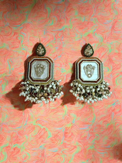 Multicolor Royal Kundan Pearl Dangler Earrings with Mother of Pearl Inlay