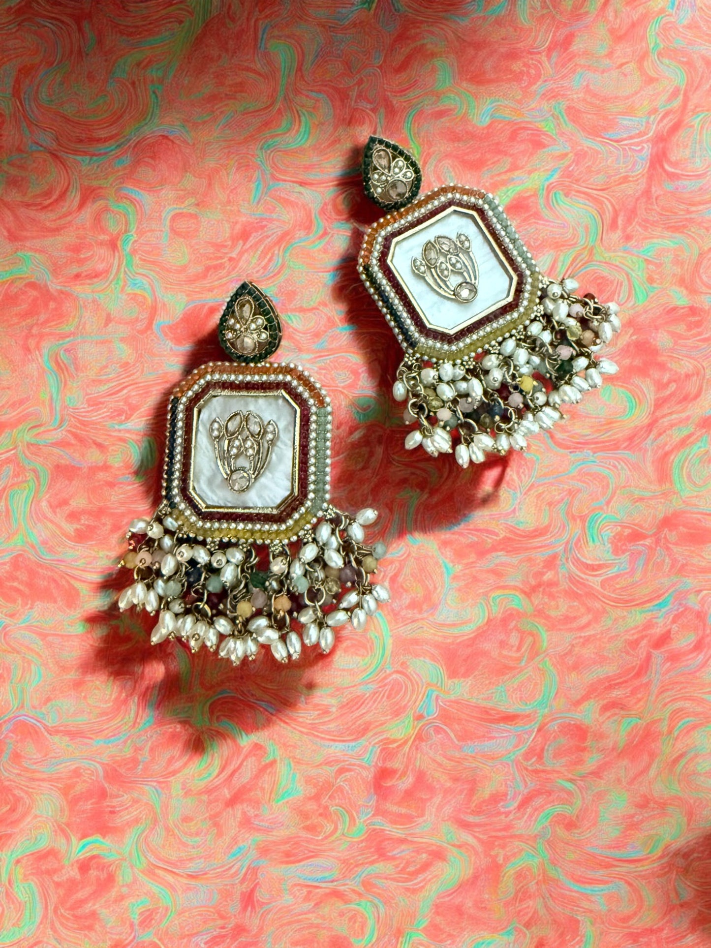 Multicolor Royal Kundan Pearl Dangler Earrings with Mother of Pearl Inlay
