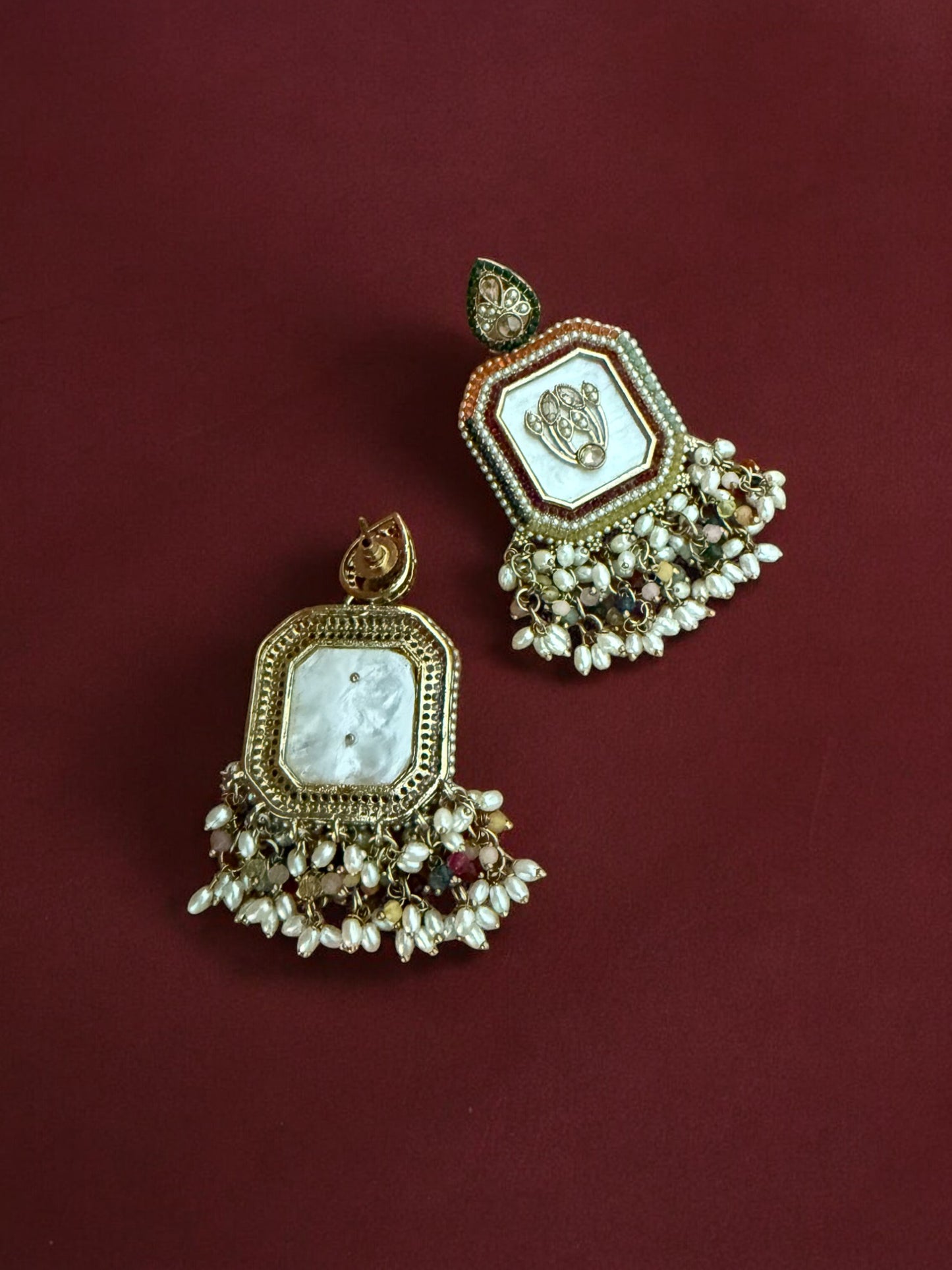Multicolor Royal Kundan Pearl Dangler Earrings with Mother of Pearl Inlay