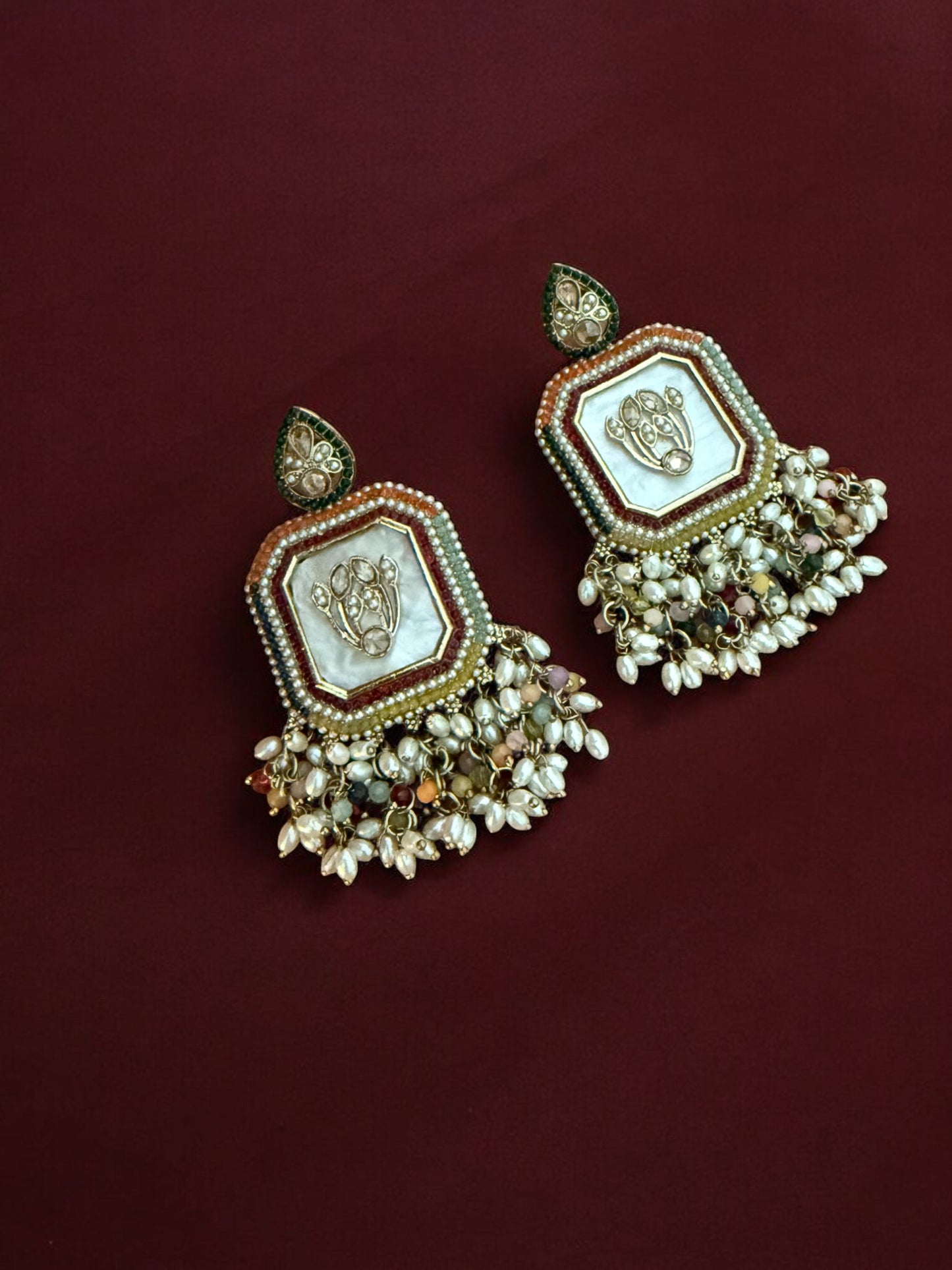 Multicolor Royal Kundan Pearl Dangler Earrings with Mother of Pearl Inlay