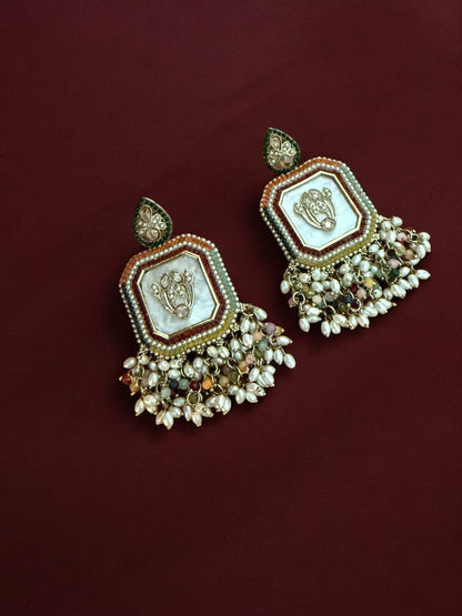 Multicolor Royal Kundan Pearl Dangler Earrings with Mother of Pearl Inlay