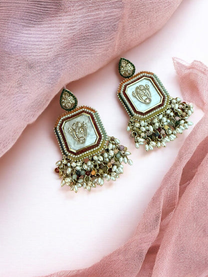 Multicolor Royal Kundan Pearl Dangler Earrings with Mother of Pearl Inlay