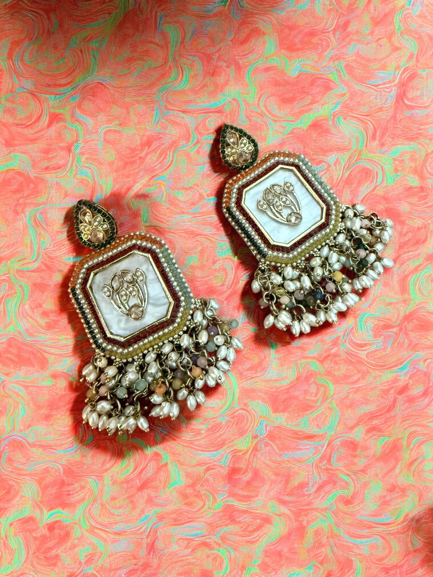 Multicolor Royal Kundan Pearl Dangler Earrings with Mother of Pearl Inlay