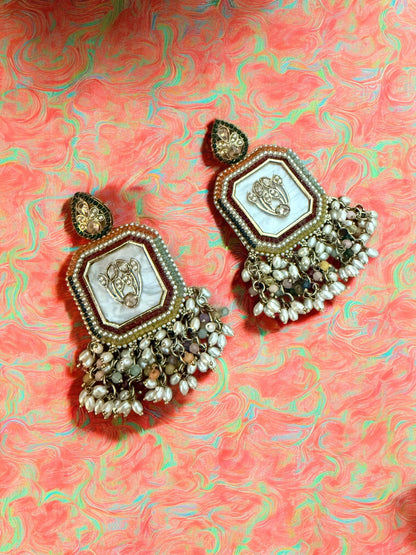 Multicolor Royal Kundan Pearl Dangler Earrings with Mother of Pearl Inlay