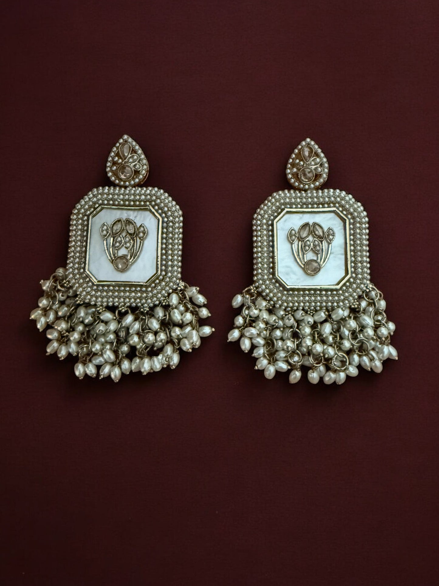 White Royal Kundan Pearl Dangler Earrings with Mother of Pearl Inlay