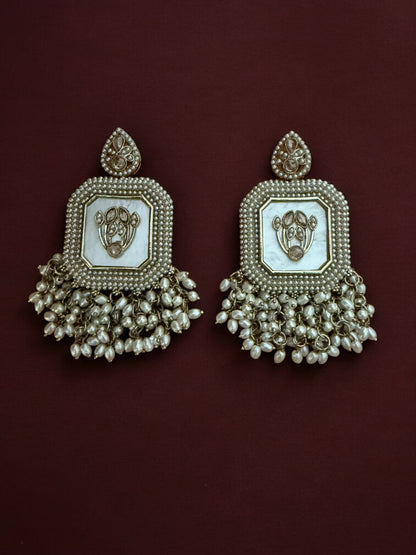 White Royal Kundan Pearl Dangler Earrings with Mother of Pearl Inlay