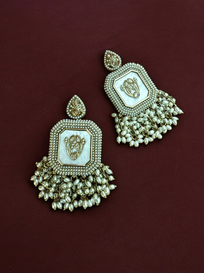 White Royal Kundan Pearl Dangler Earrings with Mother of Pearl Inlay