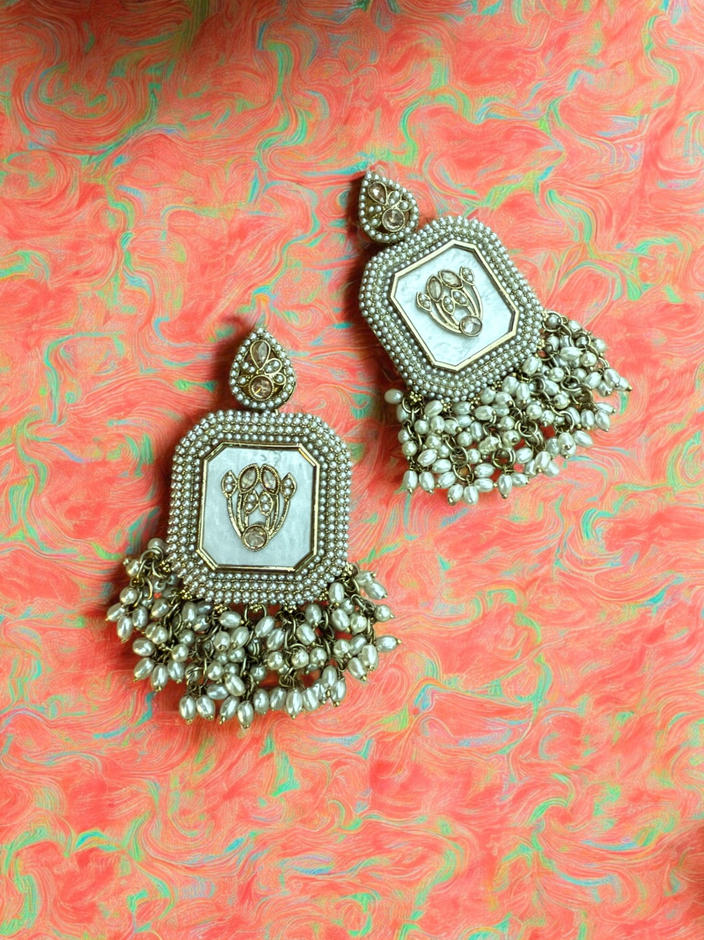White Royal Kundan Pearl Dangler Earrings with Mother of Pearl Inlay