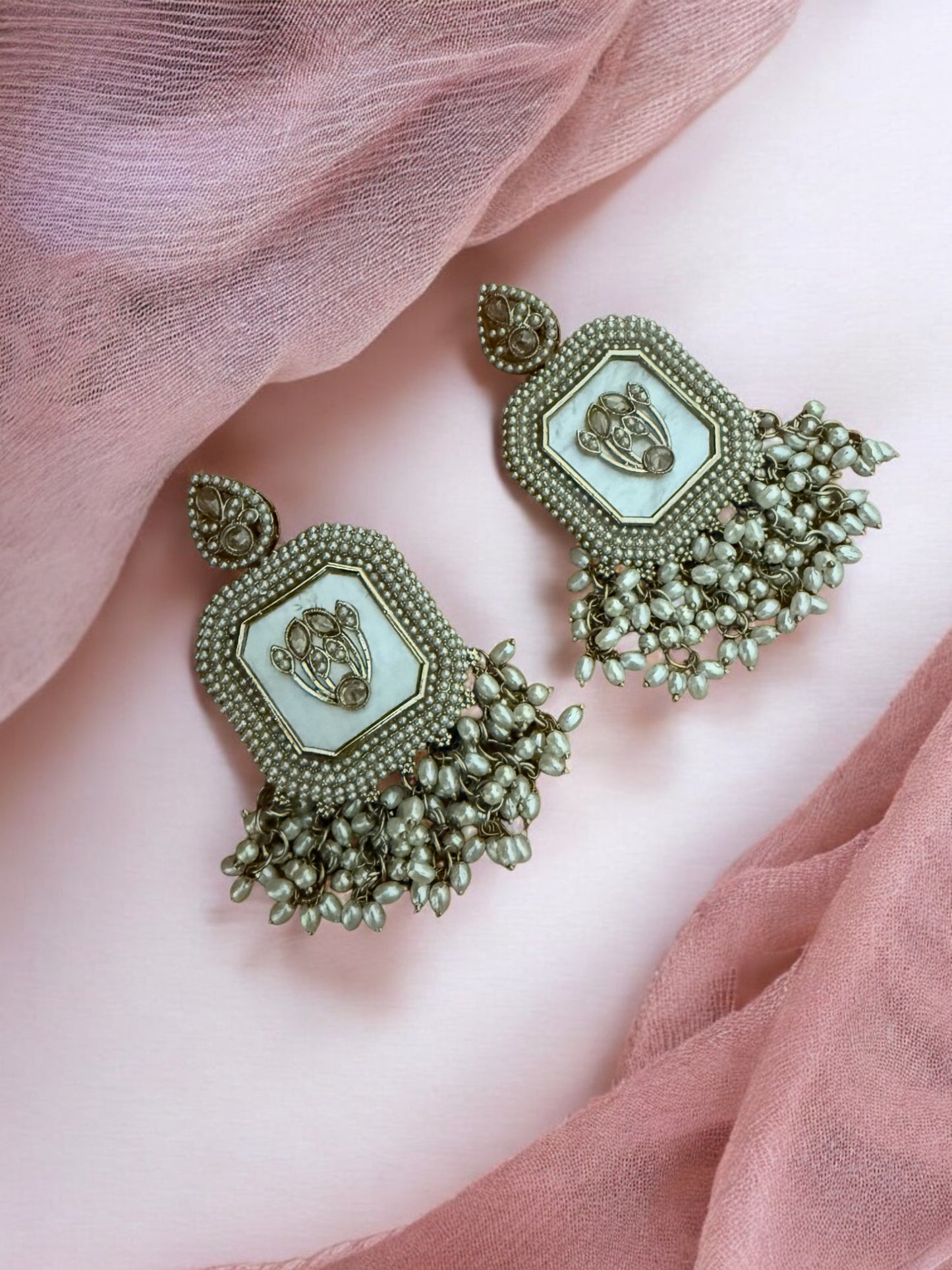 White Royal Kundan Pearl Dangler Earrings with Mother of Pearl Inlay