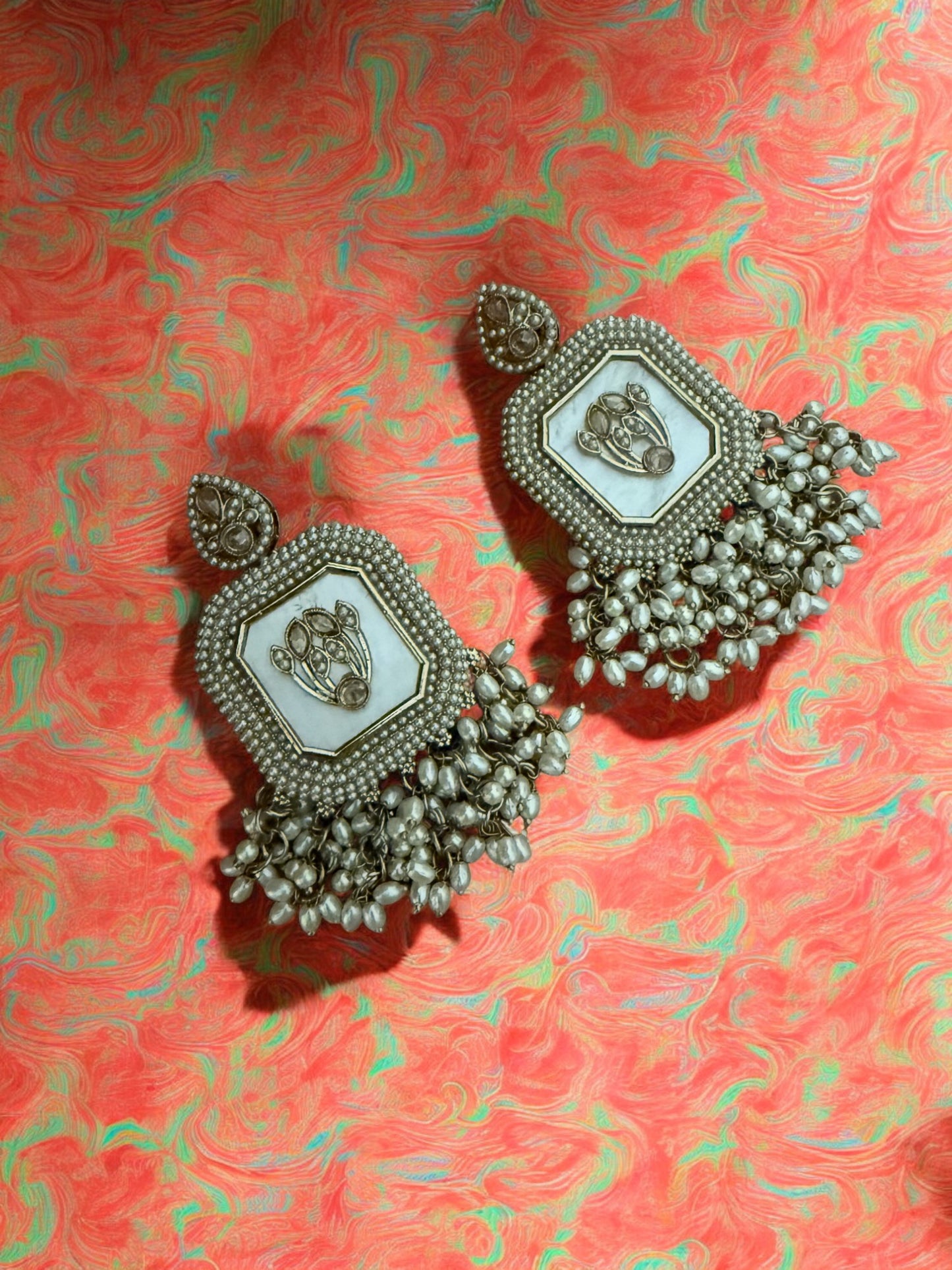 White Royal Kundan Pearl Dangler Earrings with Mother of Pearl Inlay
