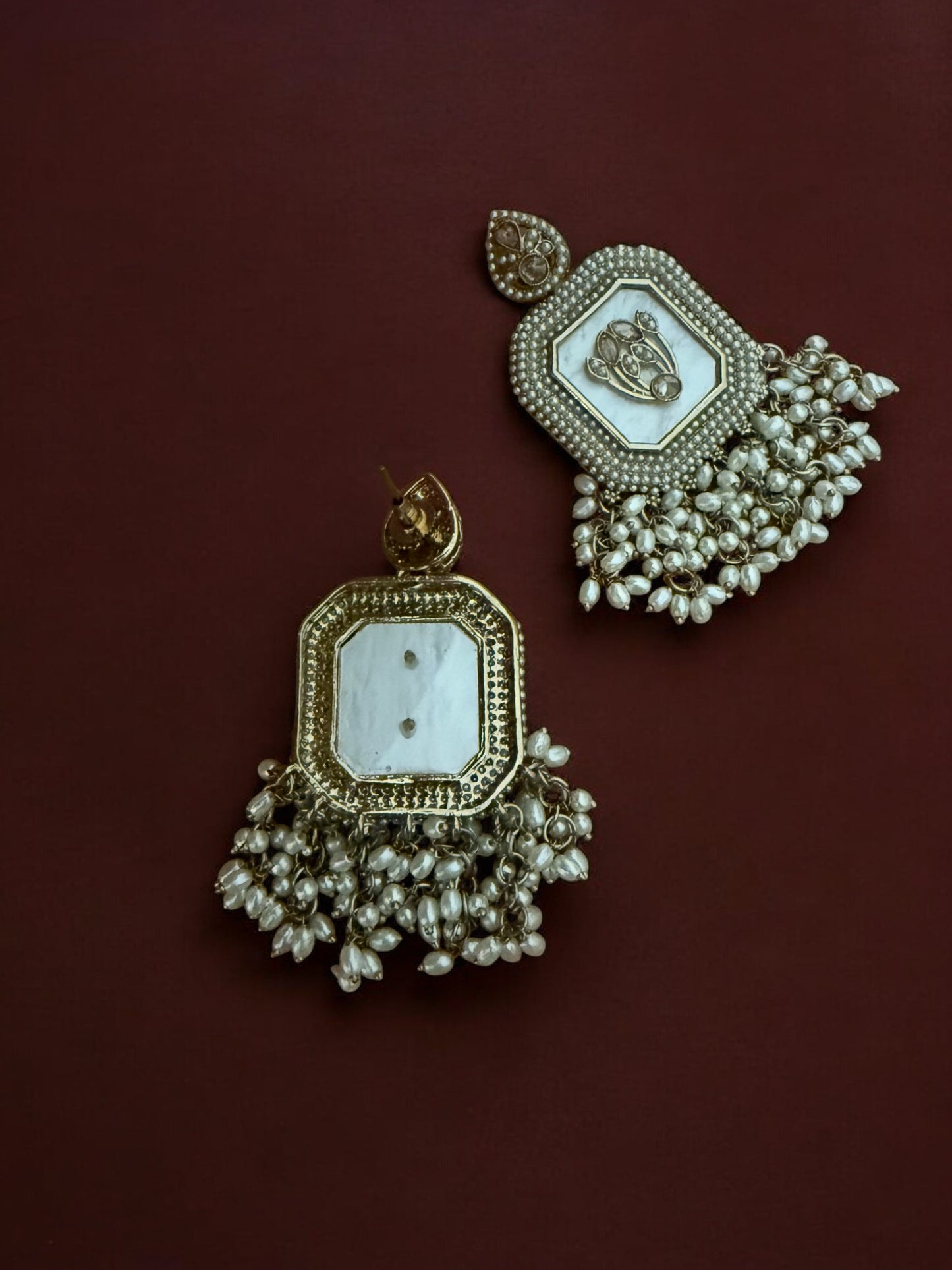 White Royal Kundan Pearl Dangler Earrings with Mother of Pearl Inlay