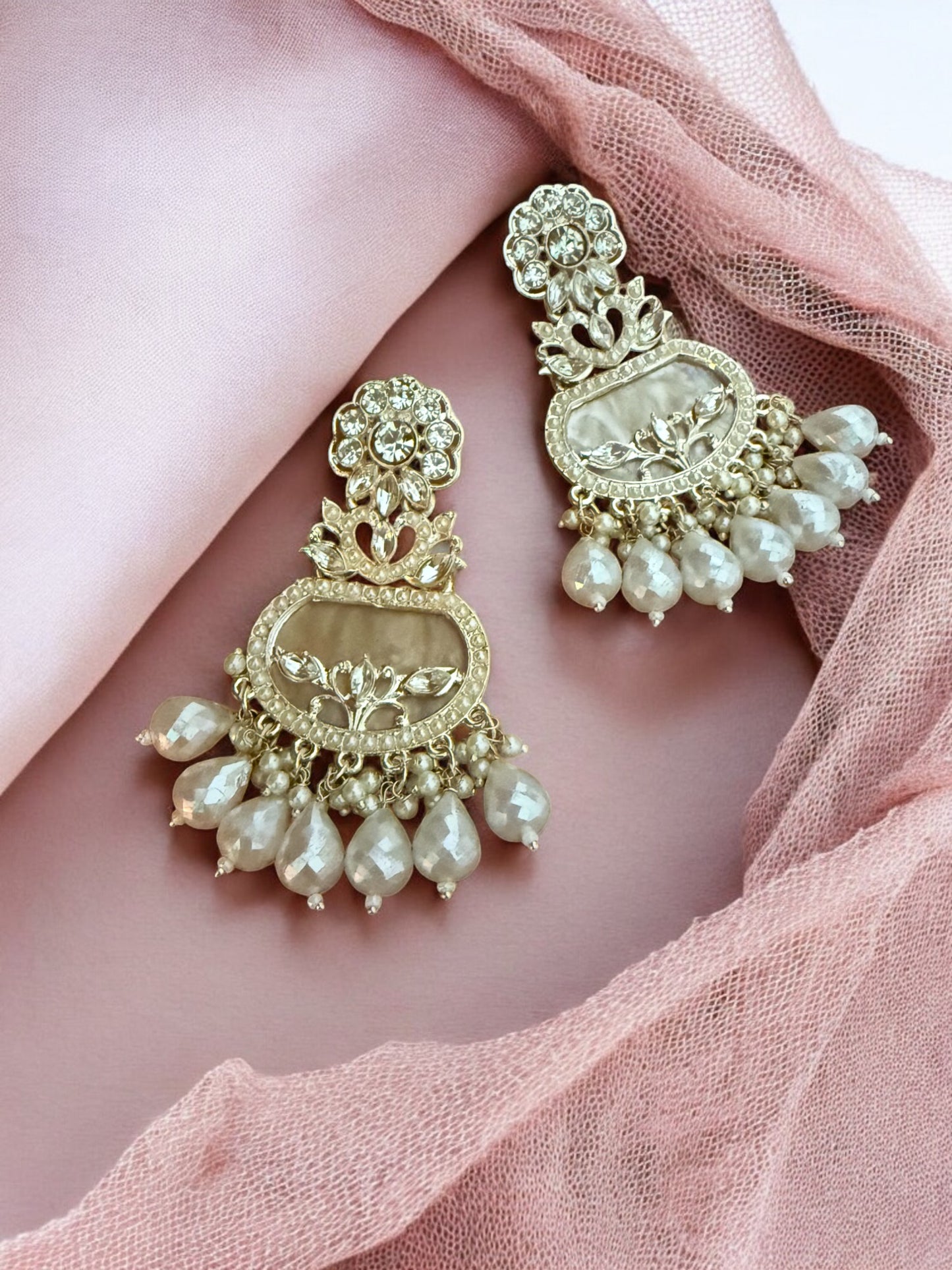 Crystal Cream Floral Motif Earrings with Filigree Details and Pearl Beads Accents