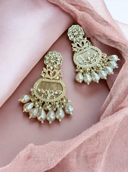 Crystal Cream Floral Motif Earrings with Filigree Details and Pearl Beads Accents