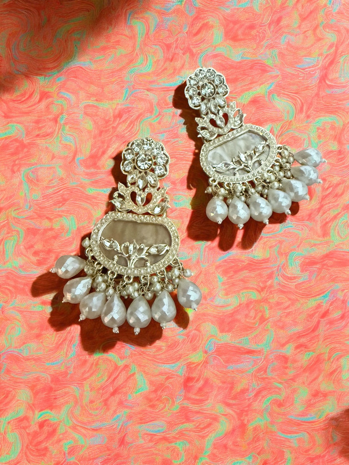 Crystal Cream Floral Motif Earrings with Filigree Details and Pearl Beads Accents
