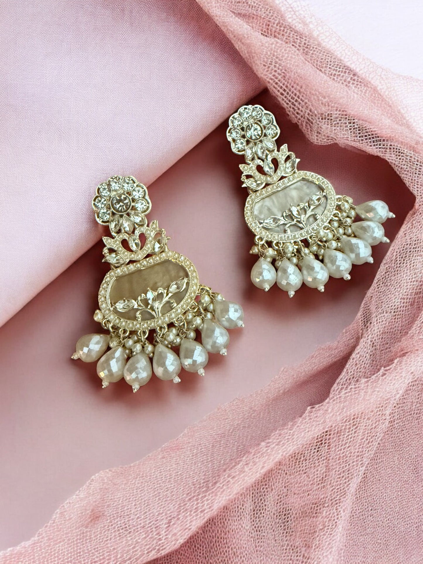 Crystal Cream Floral Motif Earrings with Filigree Details and Pearl Beads Accents