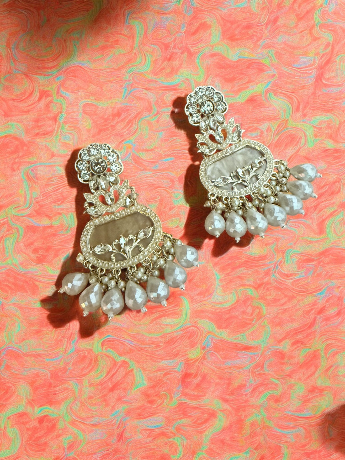 Crystal Cream Floral Motif Earrings with Filigree Details and Pearl Beads Accents