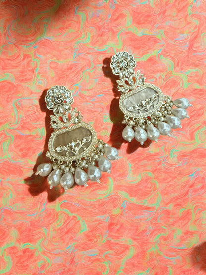Crystal Cream Floral Motif Earrings with Filigree Details and Pearl Beads Accents