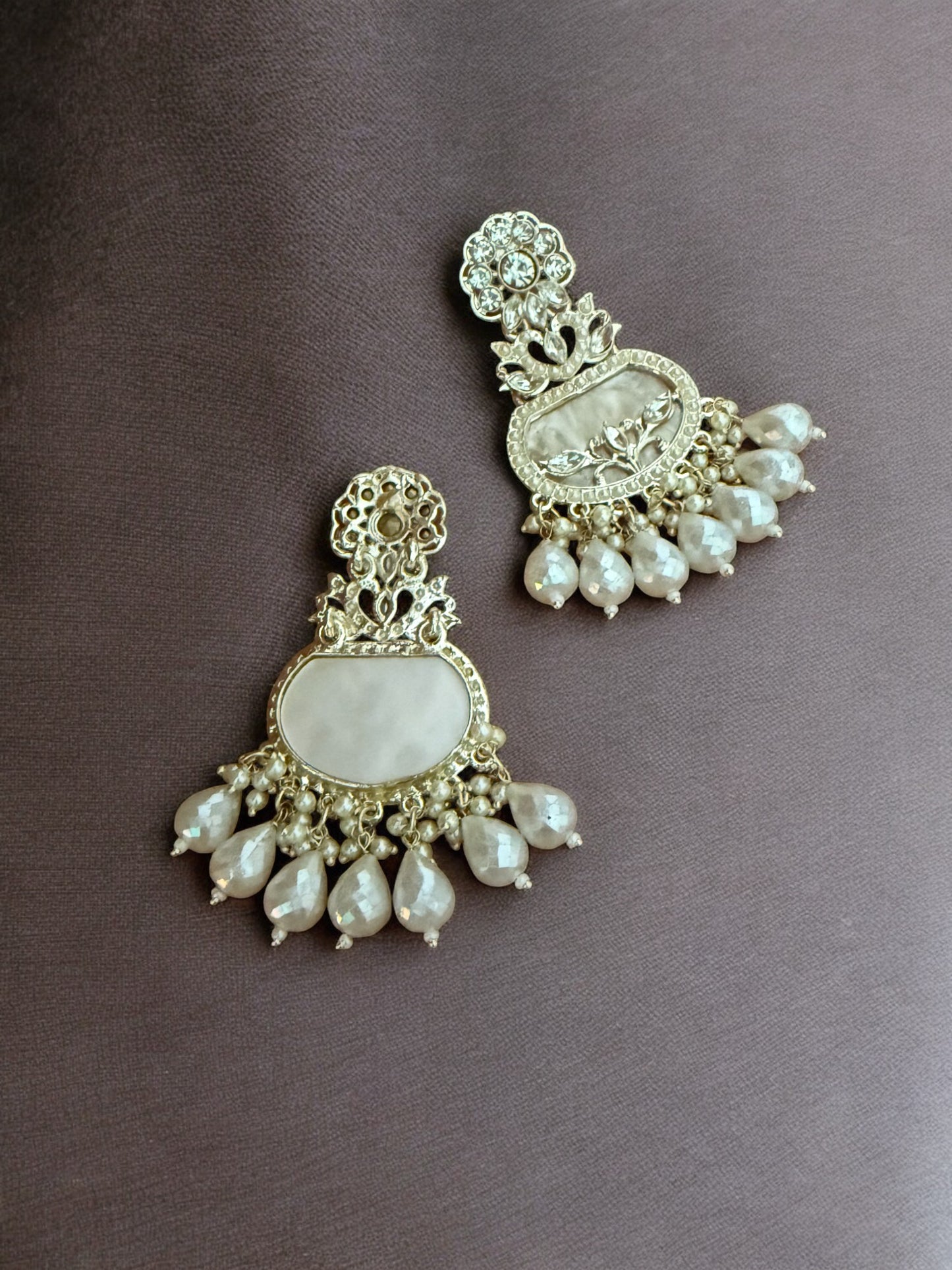 Crystal Cream Floral Motif Earrings with Filigree Details and Pearl Beads Accents