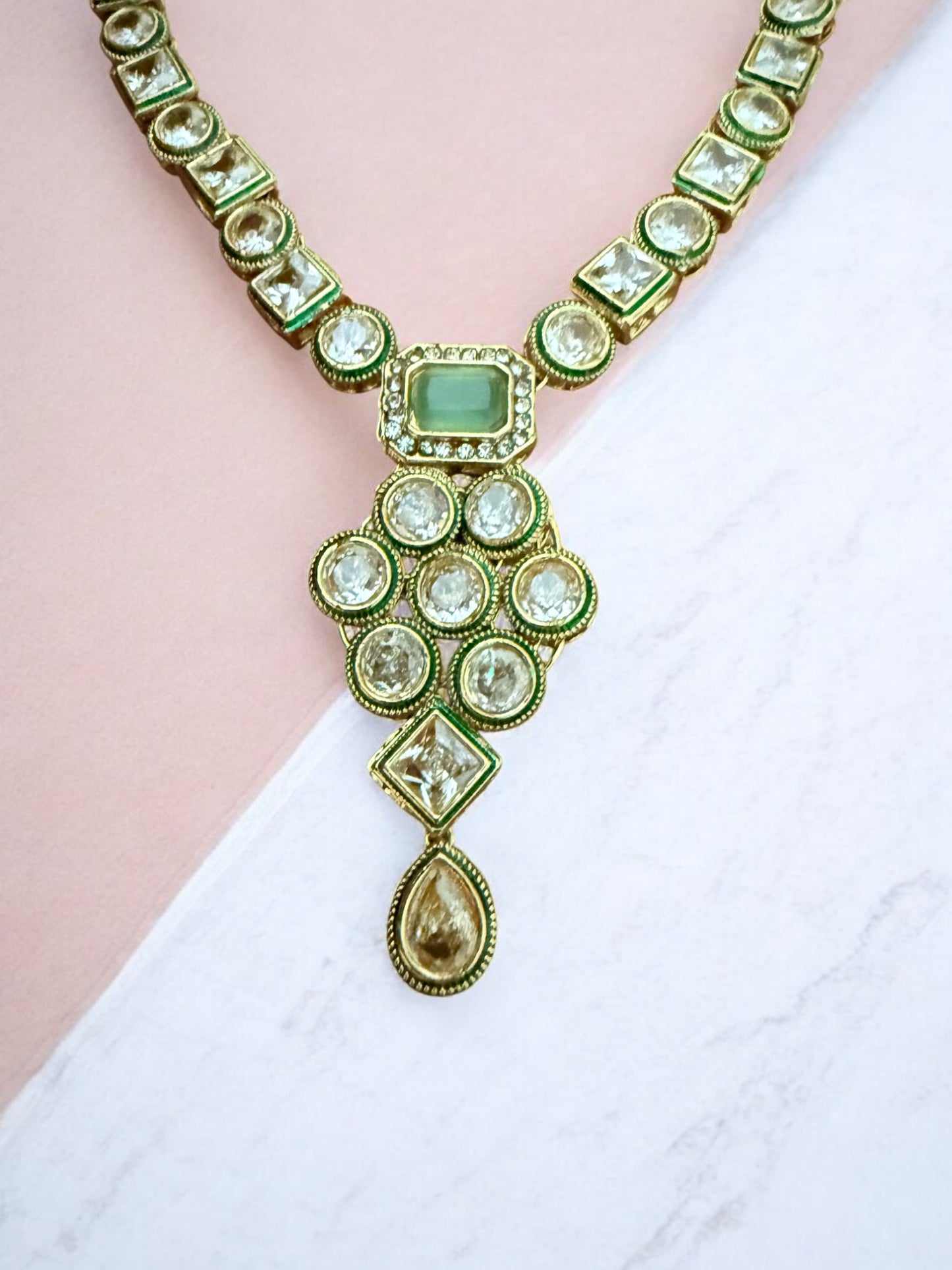 Exquisite Handcrafted Kundan Necklace Set with Mint Green Accents
