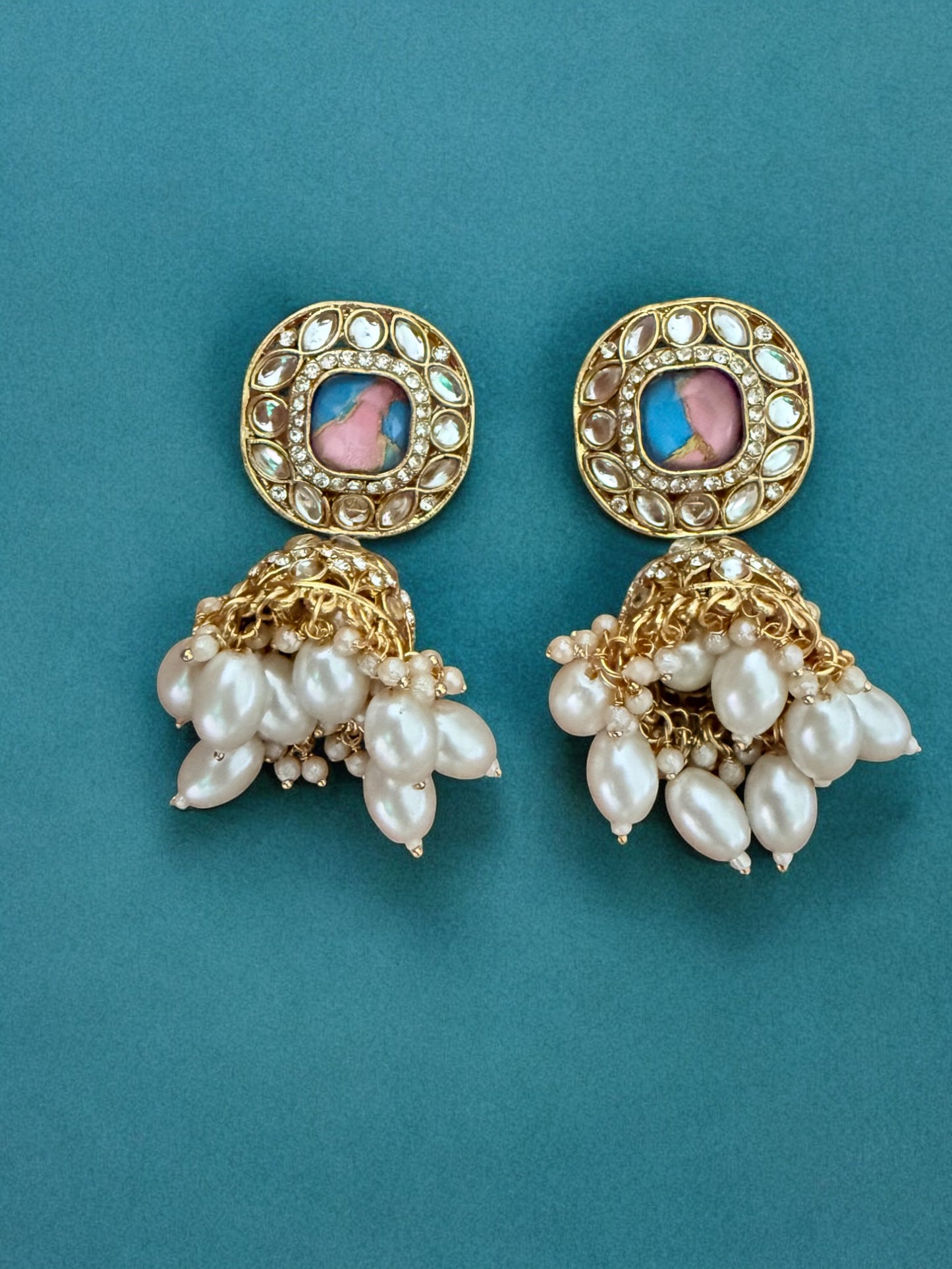 Pastel Pink Fire Stone Studded Multi Strand Pearl Kundan Choker Necklace Set with Matching Jhumkas