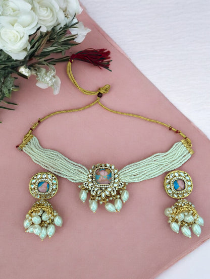 Pastel Pink Fire Stone Studded Multi Strand Pearl Kundan Choker Necklace Set with Matching Jhumkas