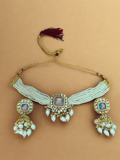 Pastel Pink Fire Stone Studded Multi Strand Pearl Kundan Choker Necklace Set with Matching Jhumkas