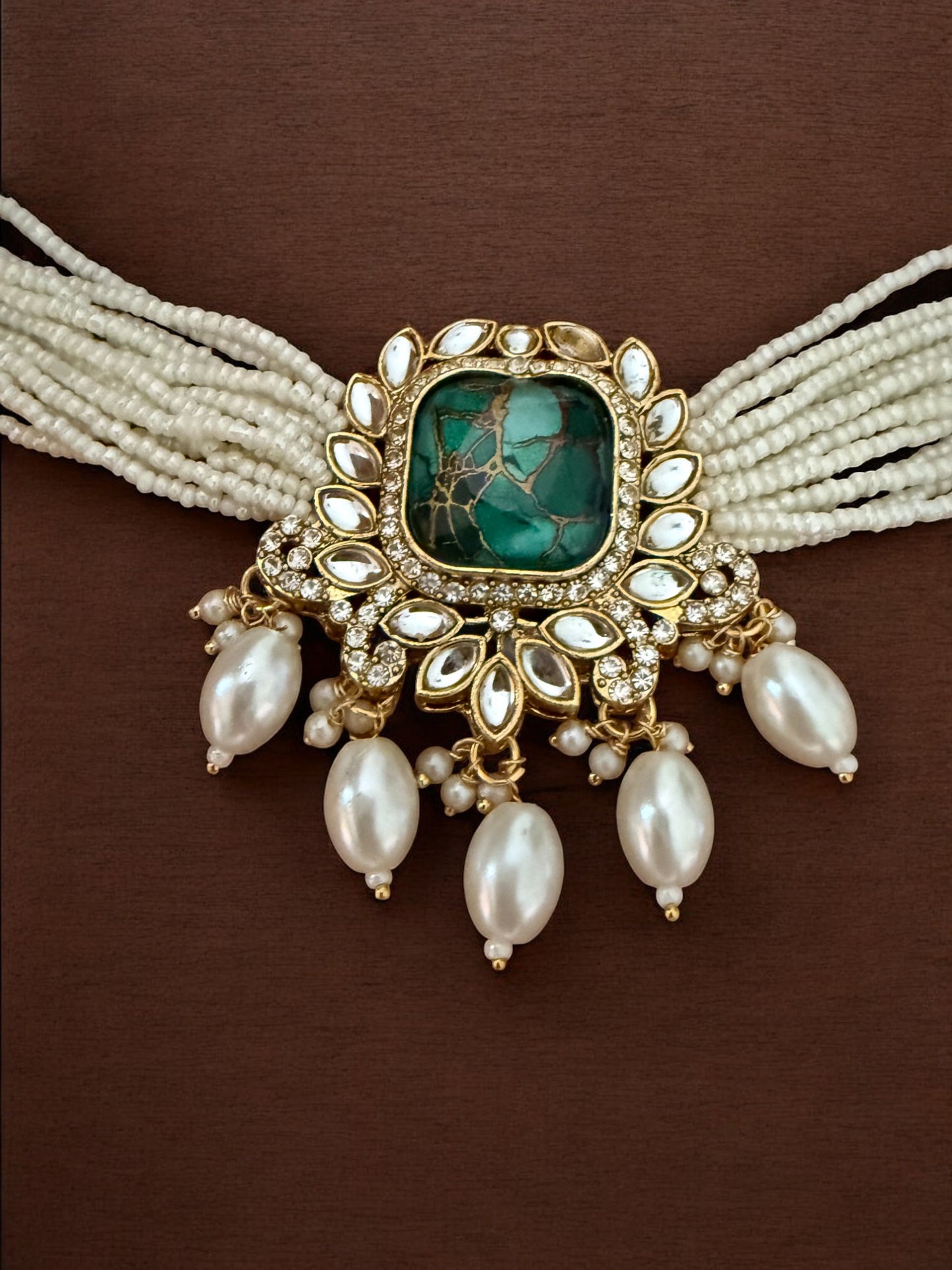 Pastel Pink Fire Stone Studded Multi Strand Pearl Kundan Choker Necklace Set with Matching Jhumkas