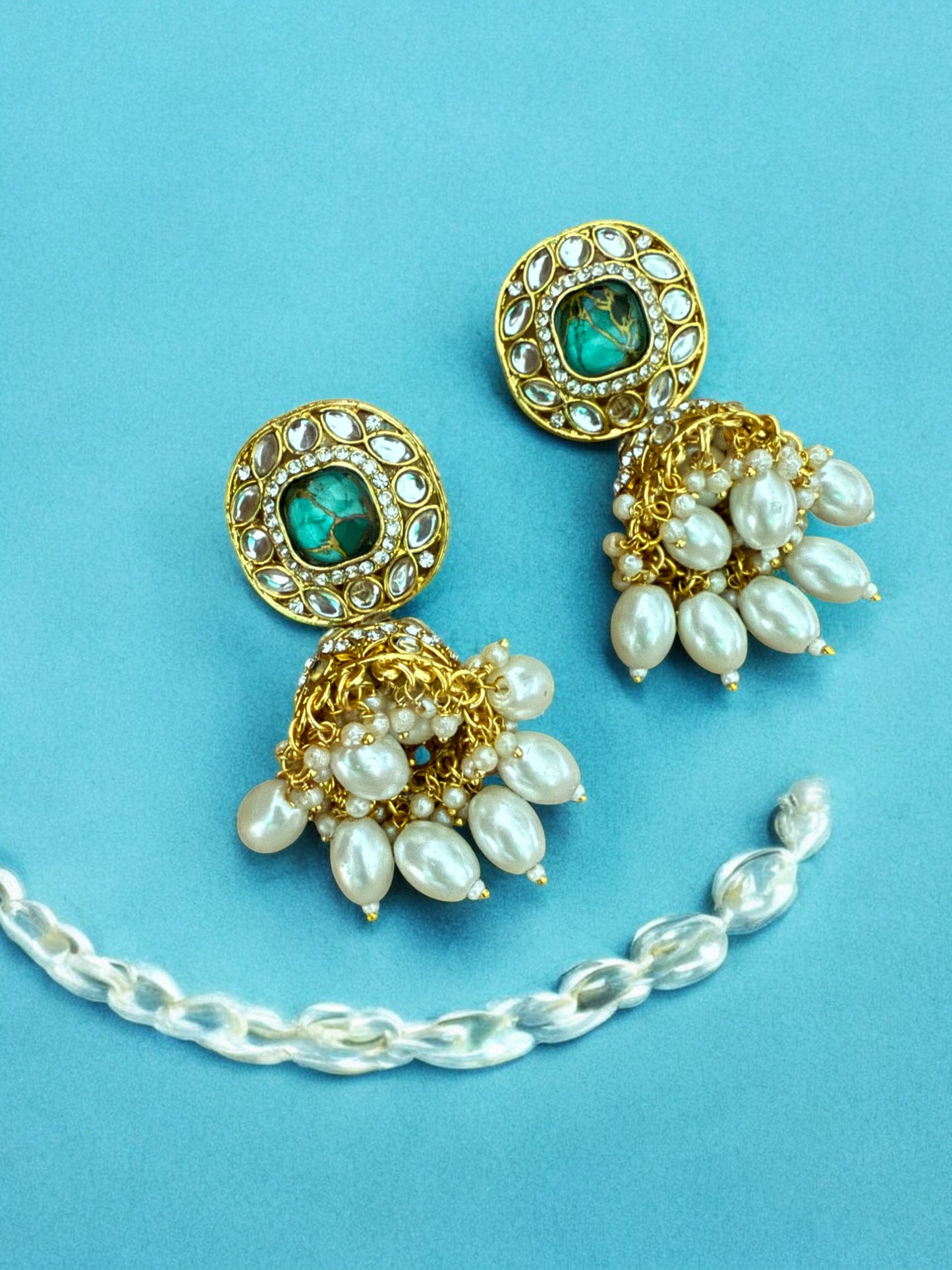 Emerald Fire Stone Studded Multi Strand Pearl Kundan Choker Necklace Set with Matching Jhumkas