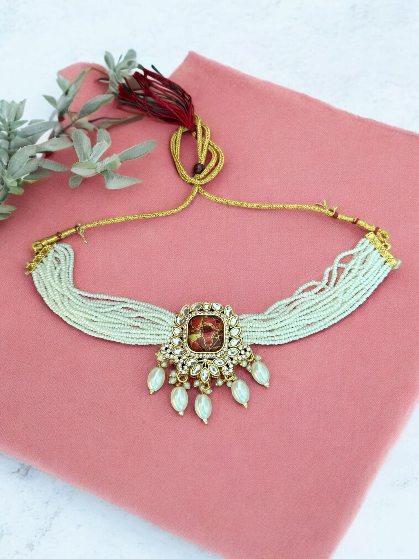 Red Fire Stone Studded Multi Strand Pearl Kundan Choker Necklace Set with Matching Jhumkas