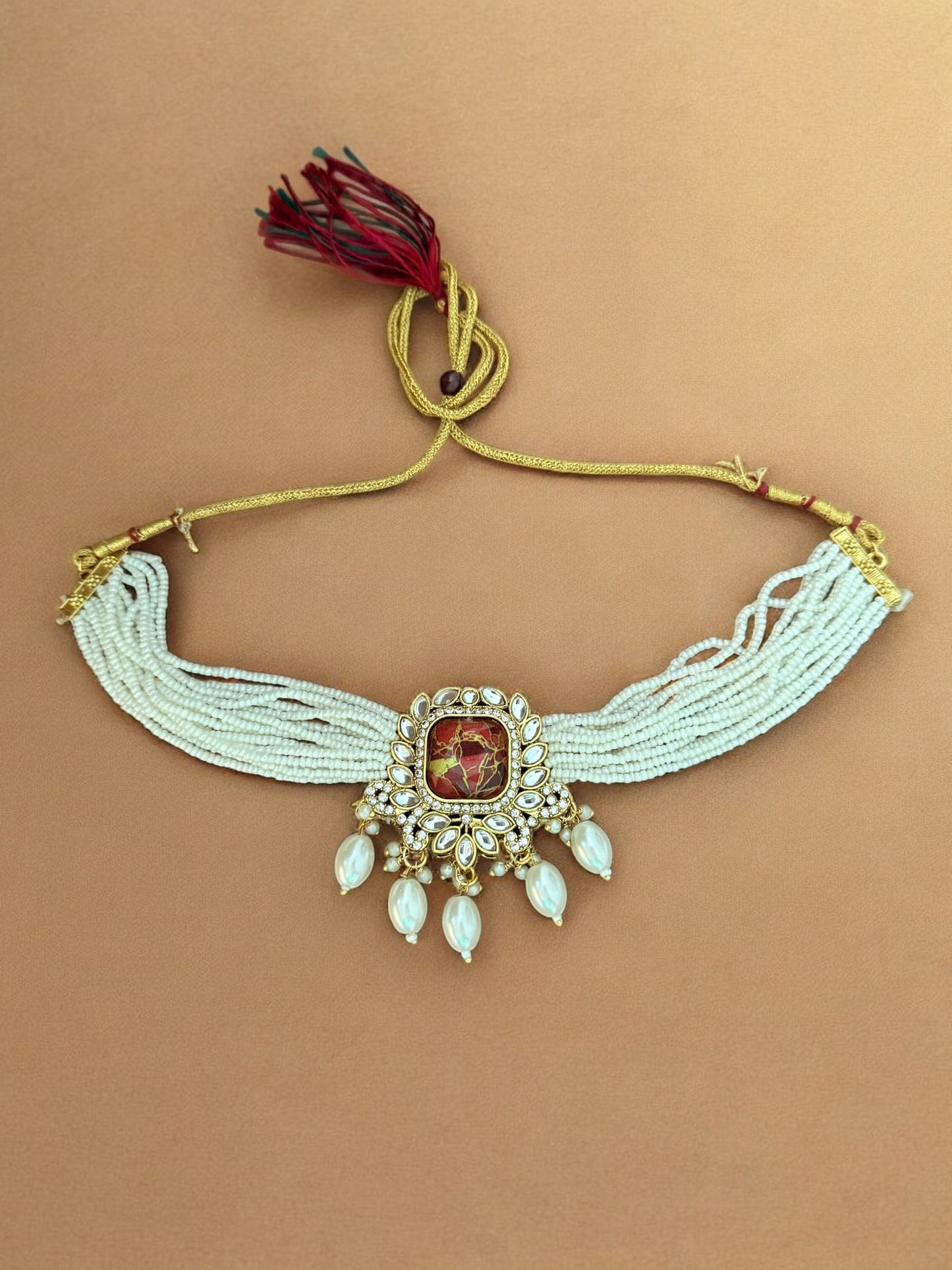 Red Fire Stone Studded Multi Strand Pearl Kundan Choker Necklace Set with Matching Jhumkas