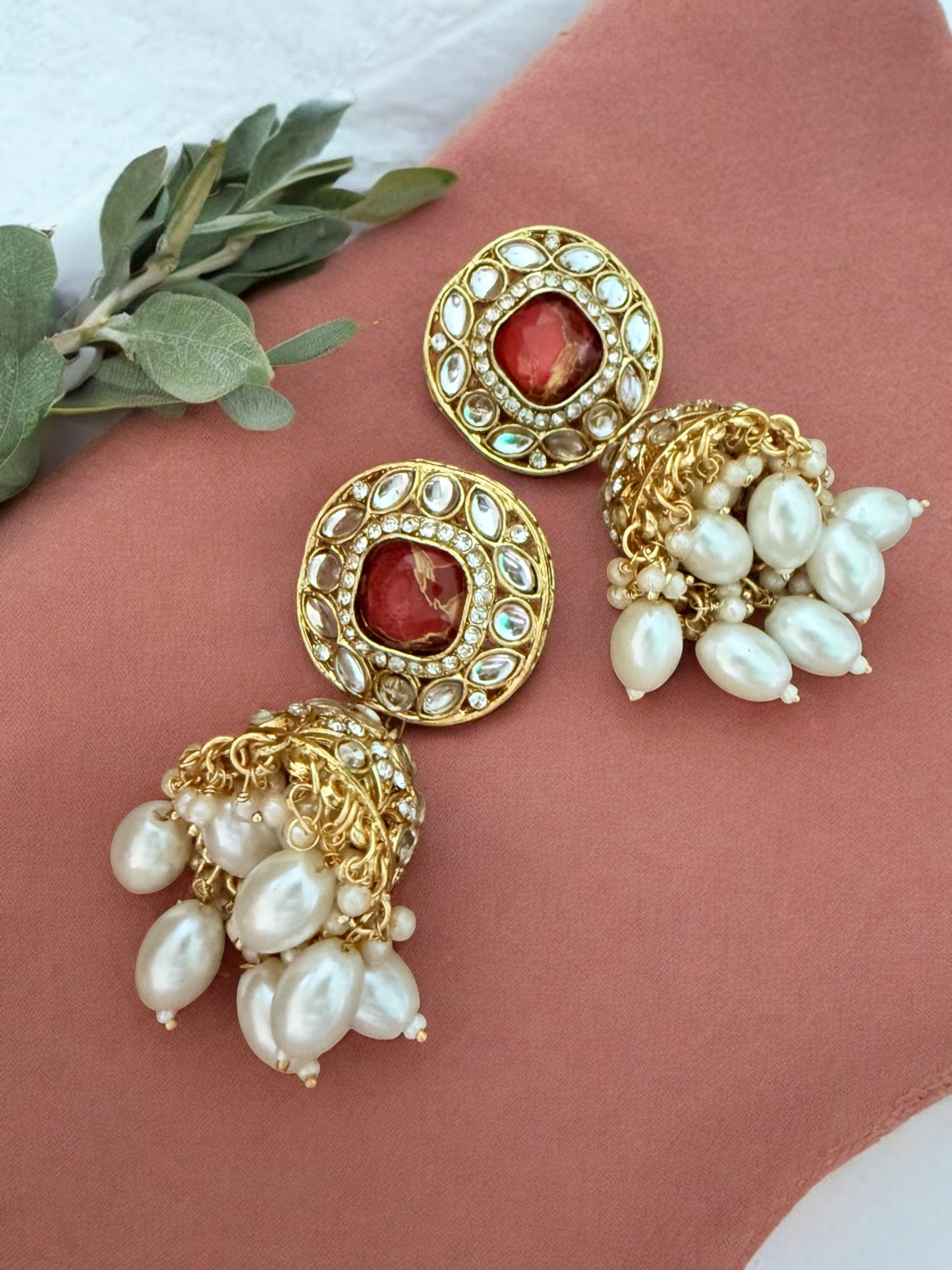 Red Fire Stone Studded Multi Strand Pearl Kundan Choker Necklace Set with Matching Jhumkas