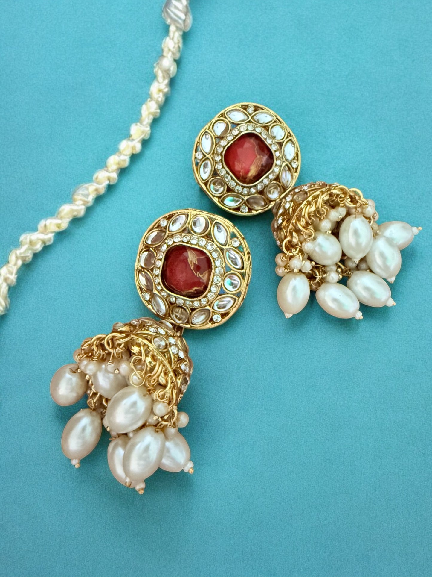 Red Fire Stone Studded Multi Strand Pearl Kundan Choker Necklace Set with Matching Jhumkas