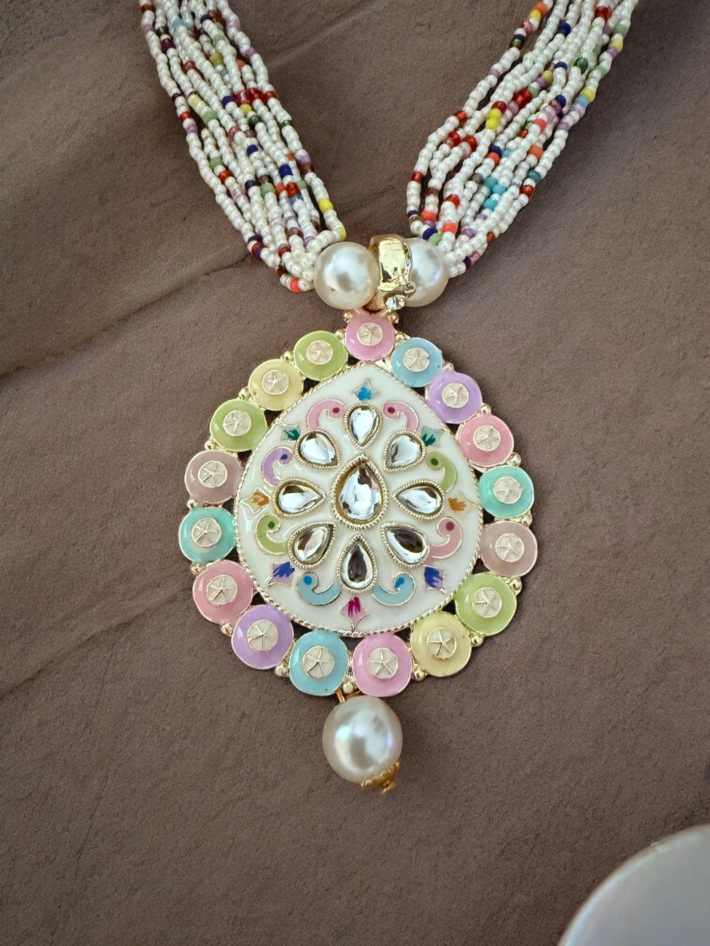 Multicolor Beaded Necklace Set Handpainted Kundan Pendant and Pearl Drop Earrings