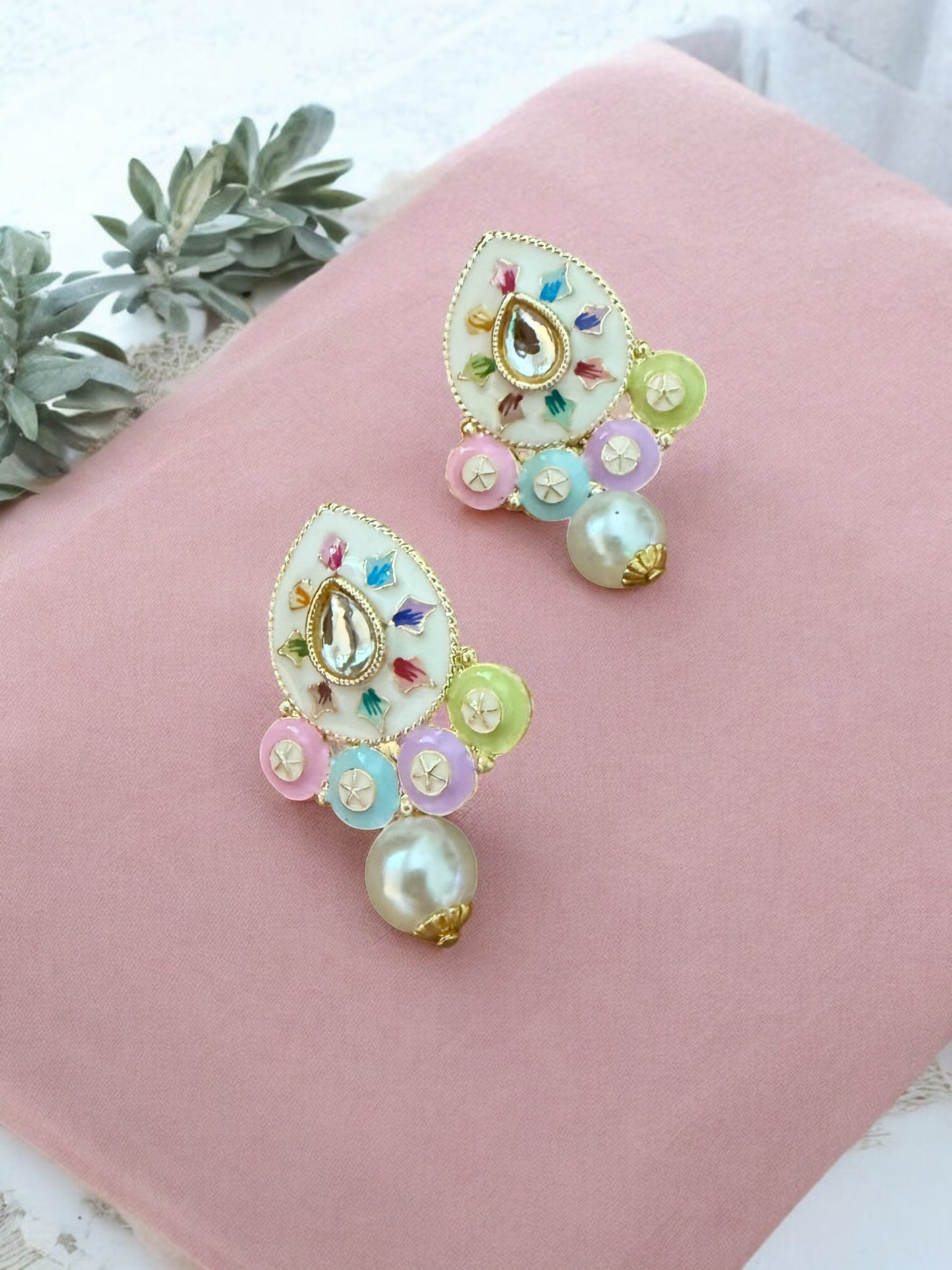 Multicolor Beaded Necklace Set Handpainted Kundan Pendant and Pearl Drop Earrings