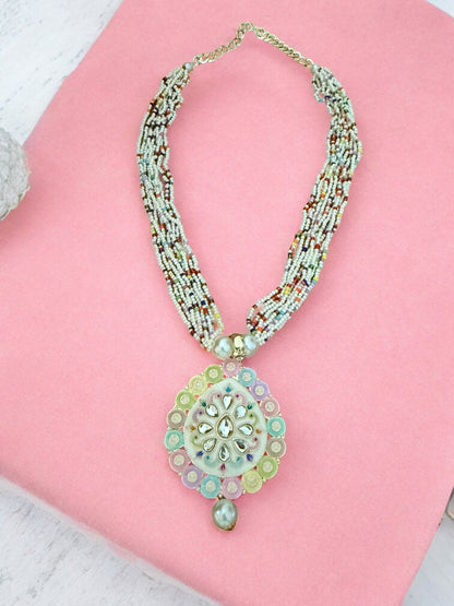 Multicolor Beaded Necklace Set Handpainted Kundan Pendant and Pearl Drop Earrings