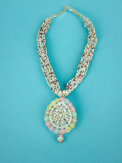Multicolor Beaded Necklace Set Handpainted Kundan Pendant and Pearl Drop Earrings