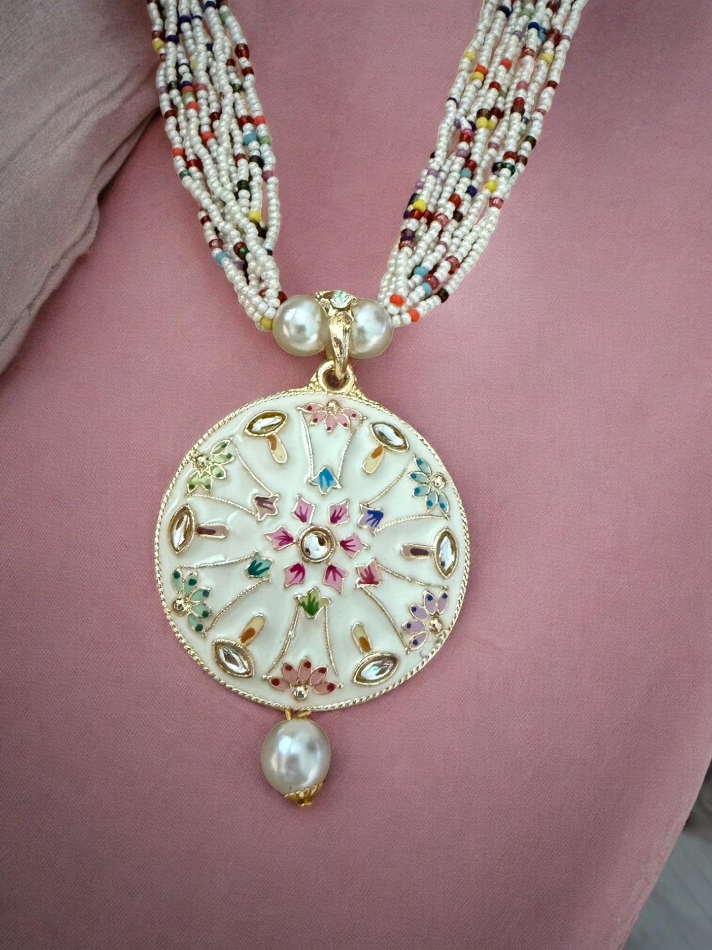 White Enameled Multicolor Beaded Necklace with Mandala Pendant and Pearl Drop Earrings